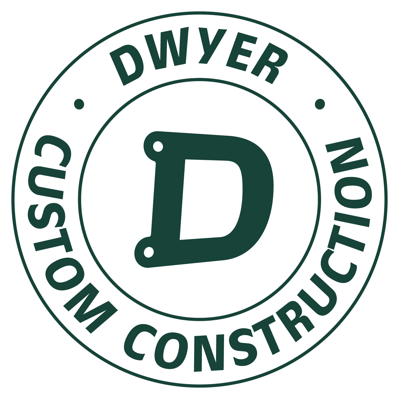 A circular logo with the words 'Dwyer' at the top and 'Construction' at the bottom, and a large letter 'D' in the center.