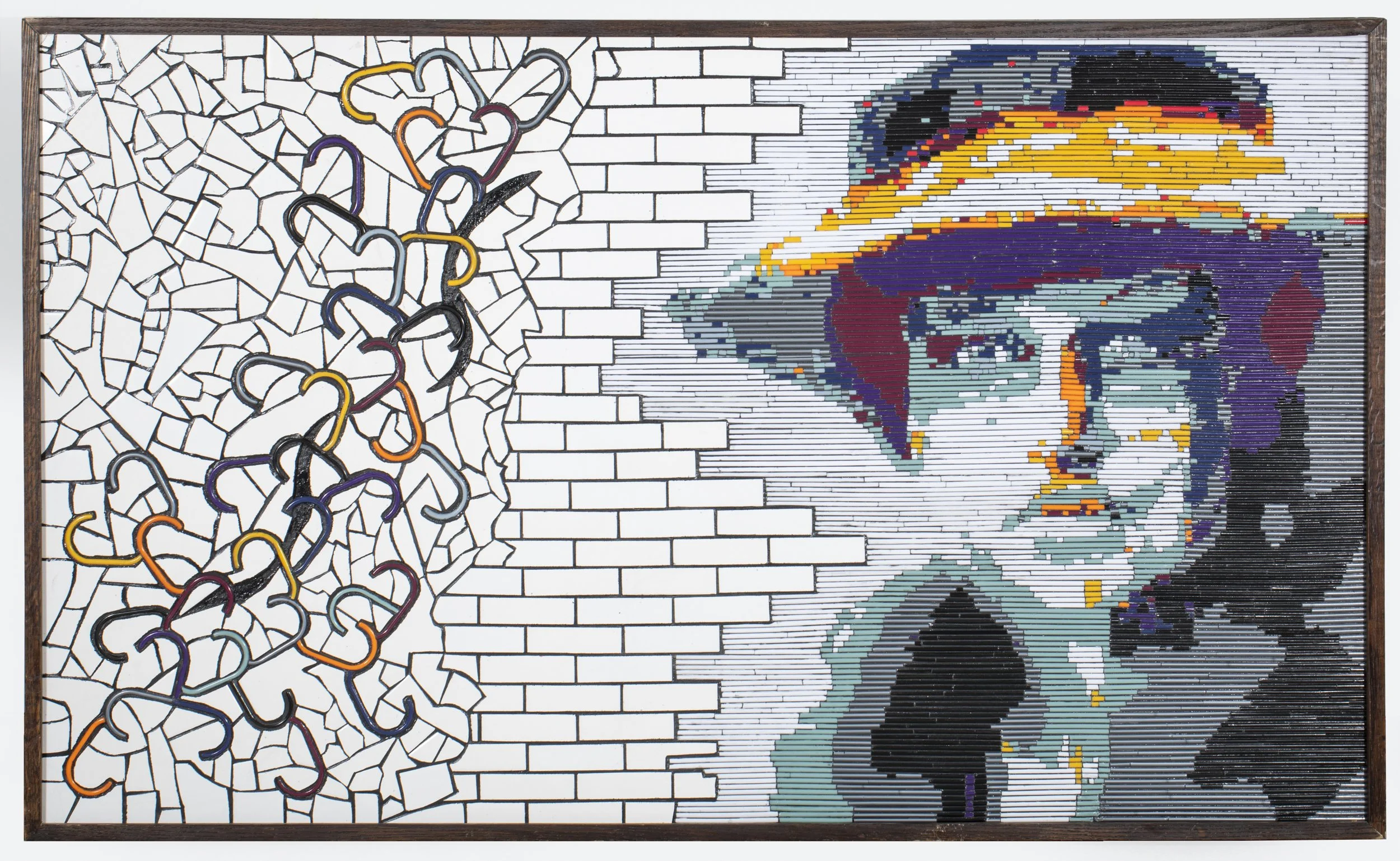 Drew Wiggins’s “Tile, Tension, and Threshold: The Consequences of Control,” a mosaic portrait of Katherine McCormick beside a fractured field of white tile and tangled coat hangers.