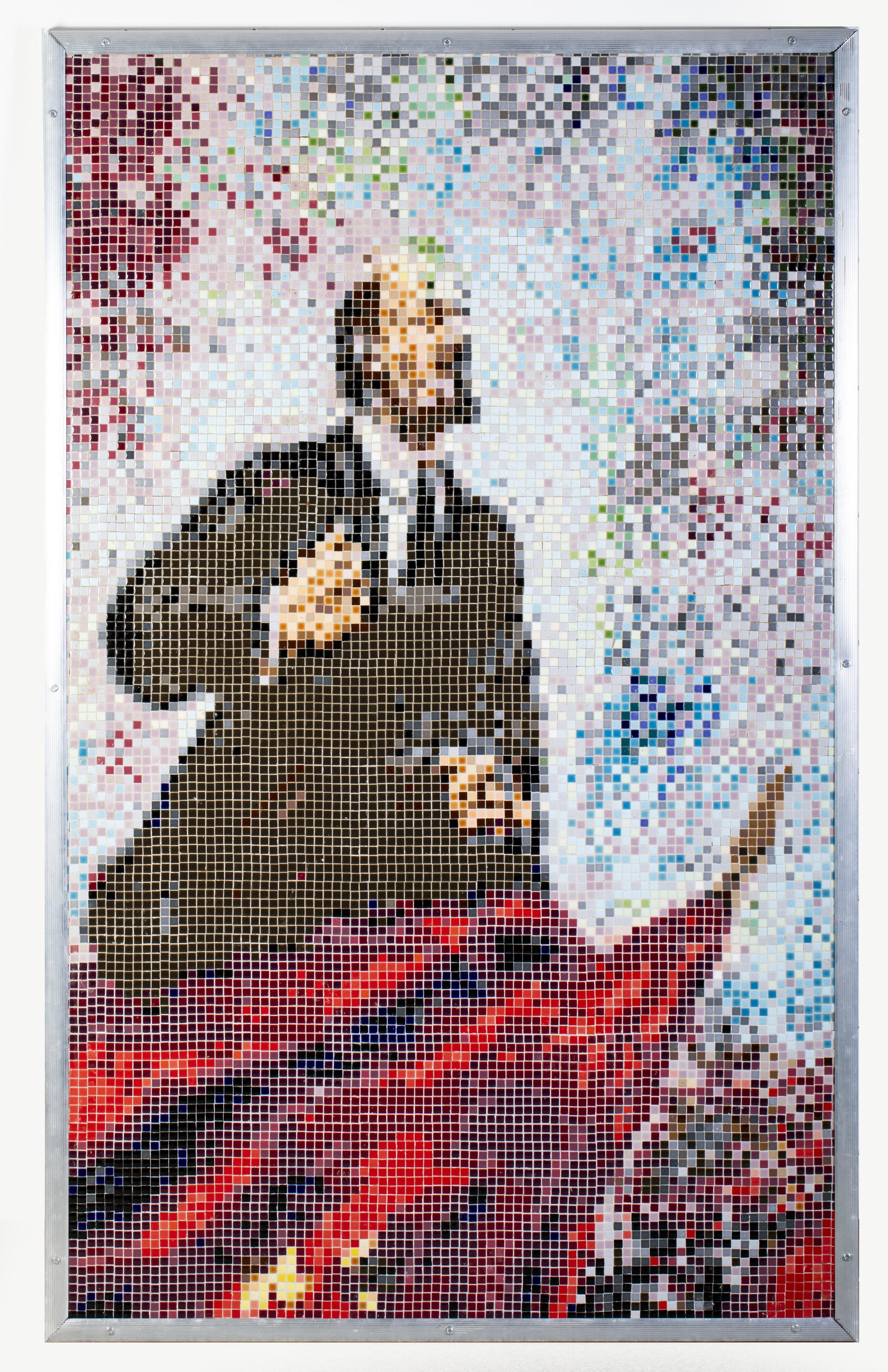 Drew Wiggins’s “Red States Fear Red Ghosts,” a tiled mosaic depicting Vladimir Lenin above a red-toned crowd, rendered in fragmented black, white, red, and blue pixels.