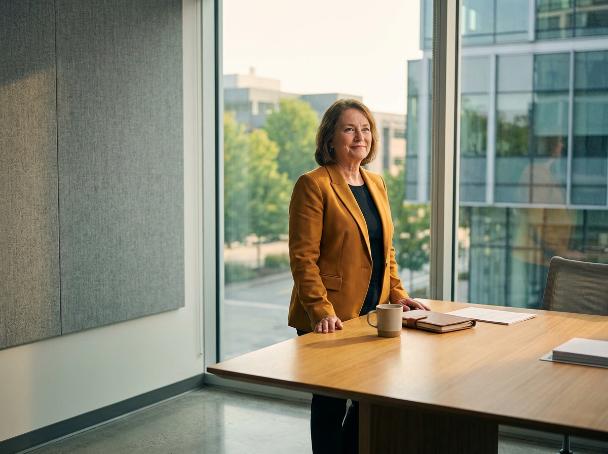 A woman in a mustard blazer stands by a conference table with notebooks and a mug, looking out a large window in an office building.
