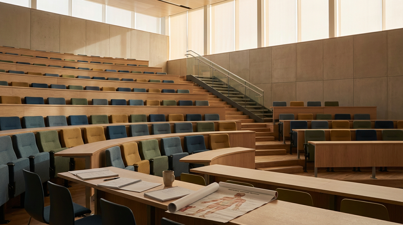 Empty lecture hall with curved tiered seating and a table at the front with notebooks, a coffee mug, and a rolled-up poster on it.
