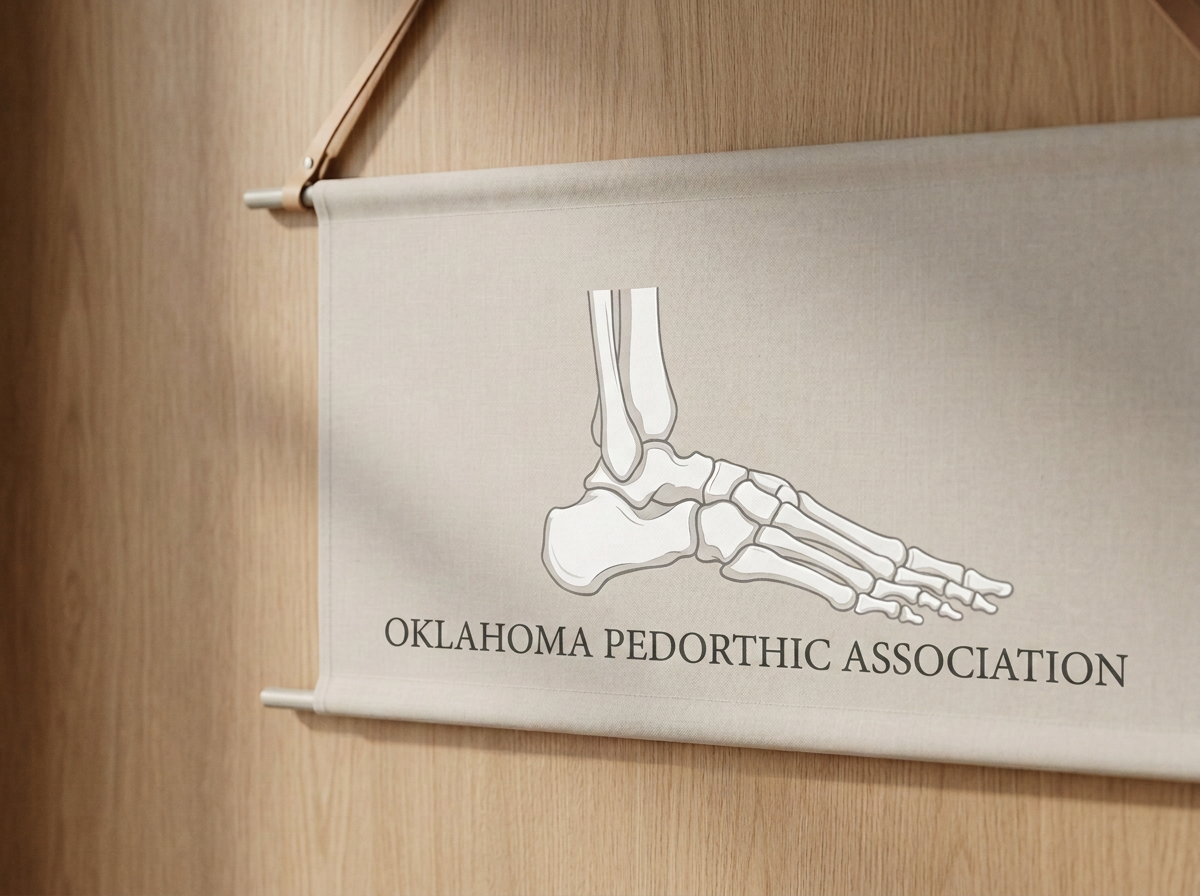 A banner with a skeletal illustration of a foot and ankle, and the text "Oklahoma Pedorthic Association" on a wooden wall background.