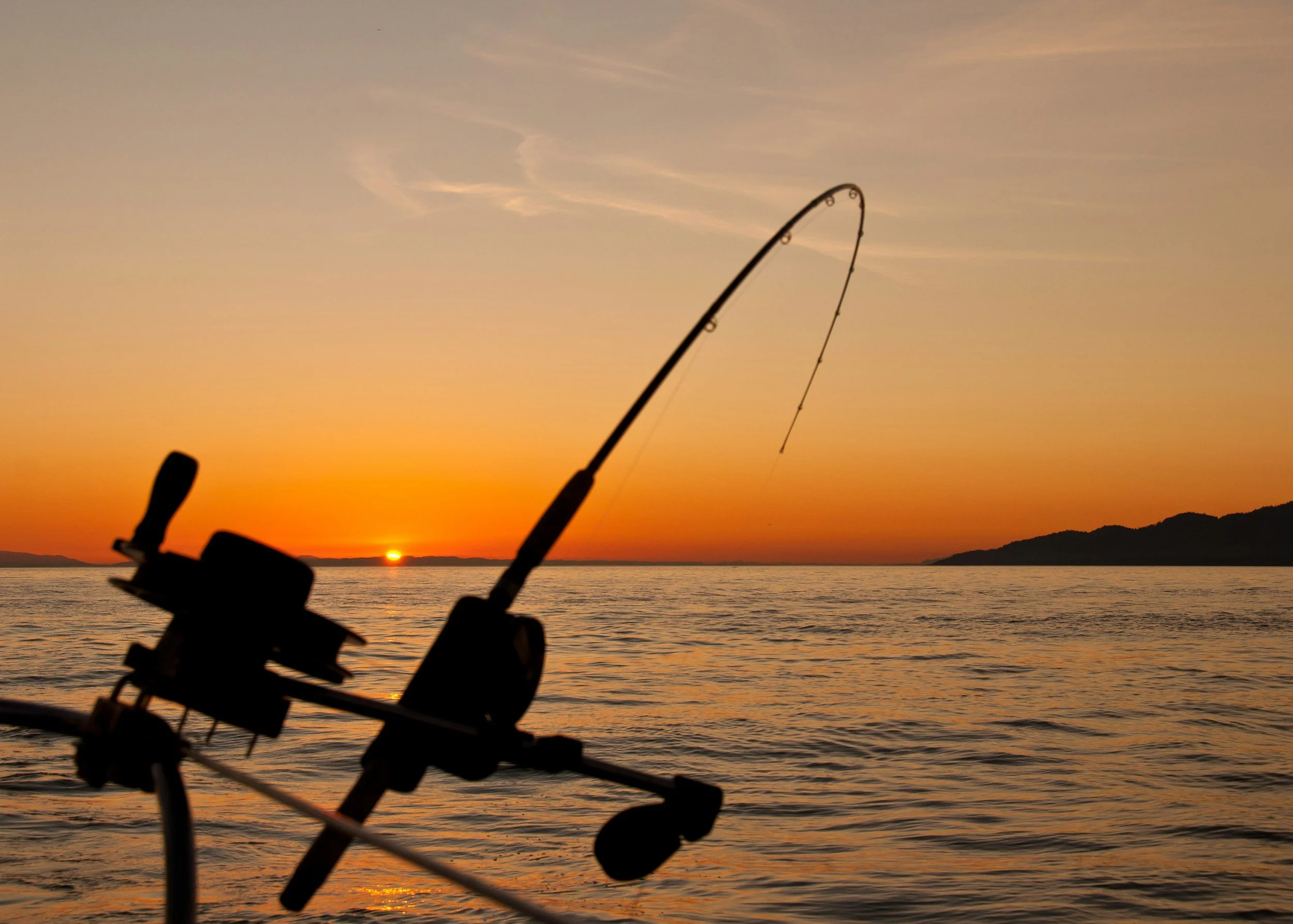 Silhouettes of fishing rods set up along a boat with a sunset over a body of water and hills in the background.