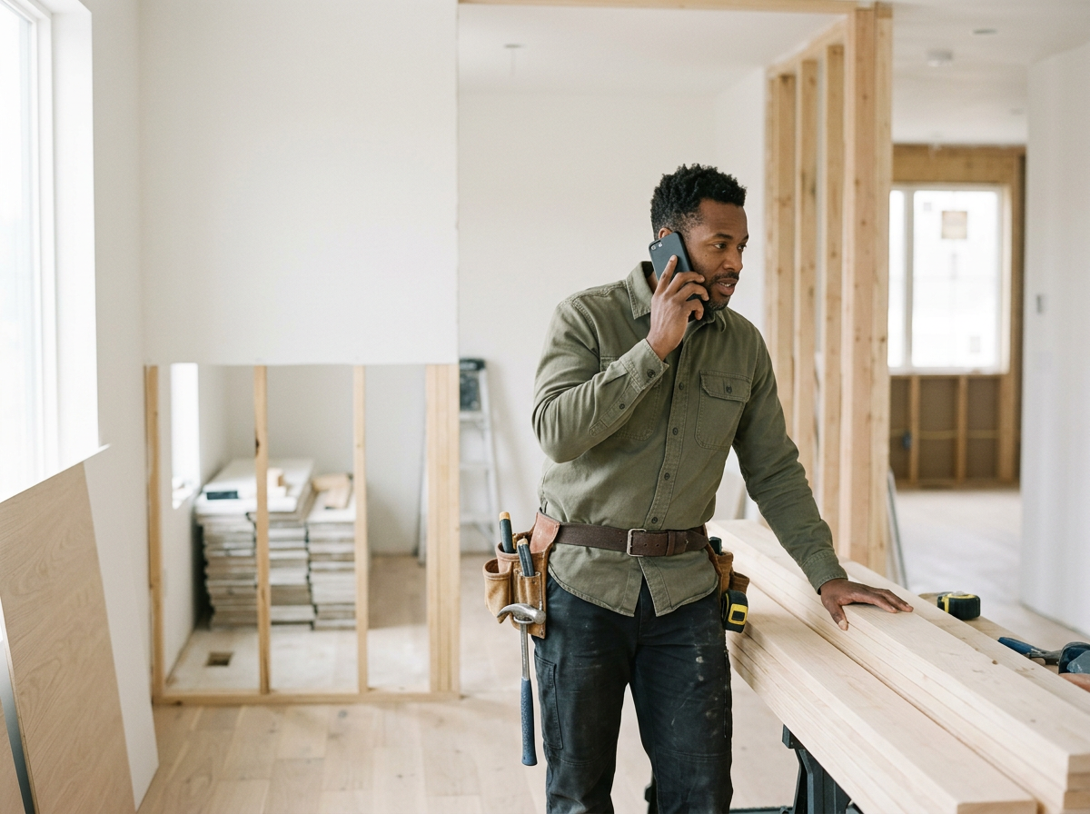 A man in work clothes talking on a cellphone while working on a construction project inside a house. He has a tool belt and tape measure, and is placing a wooden plank on a workbench.