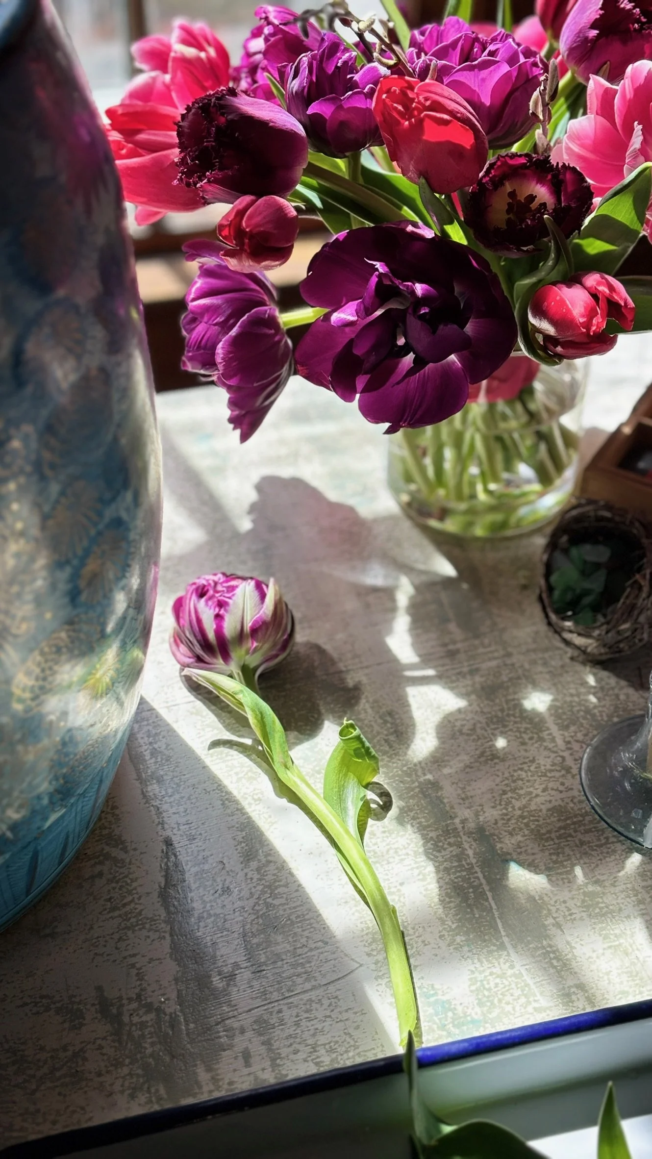 A bouquet of pink, purple, and red tulips in a glass vase on a table with sunlight casting shadows.