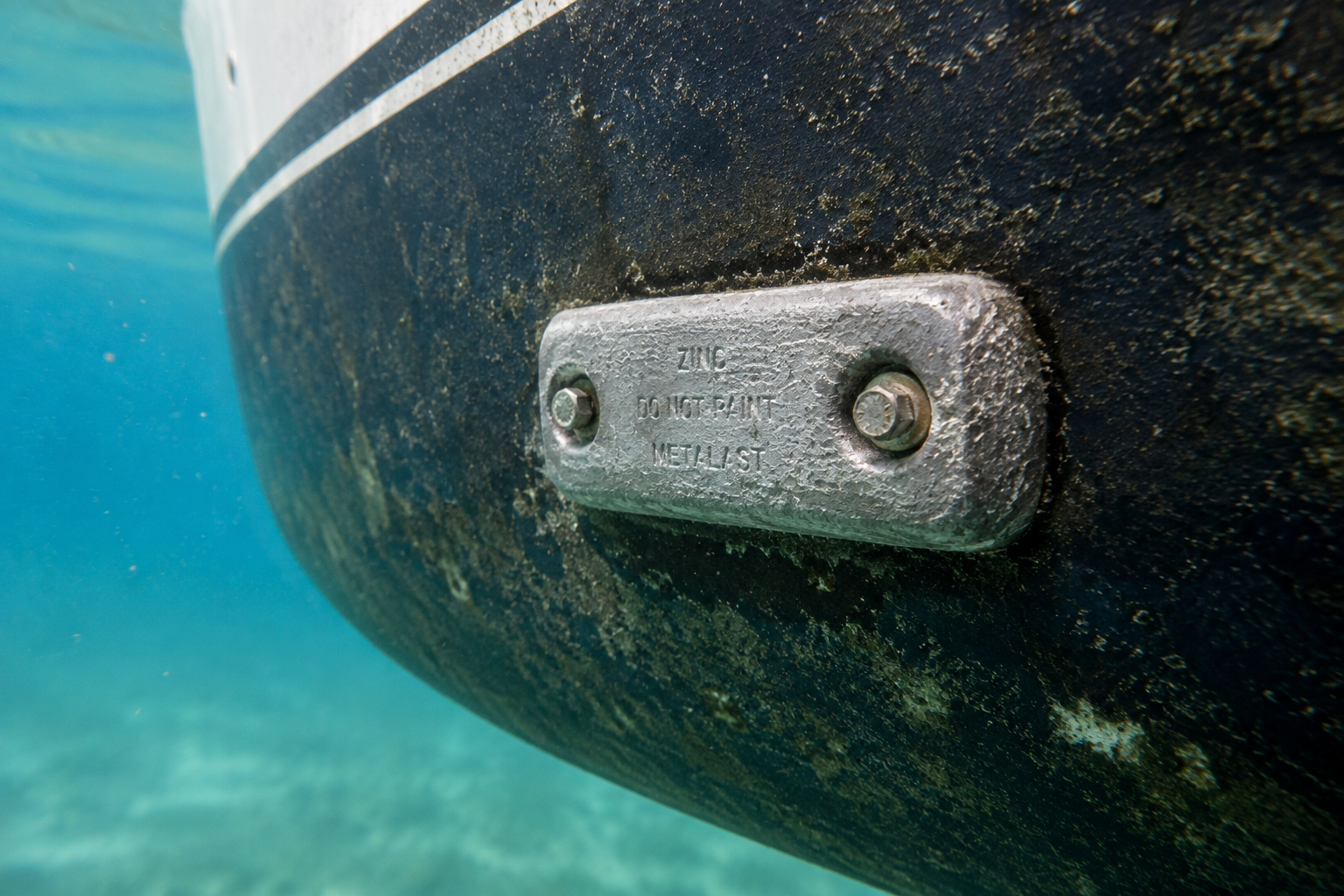 Close-up underwater image of the bottom of a boat showing a metal plate with the inscription 'ZINC DO NOT PAINT METAL ST' attached with two bolts.