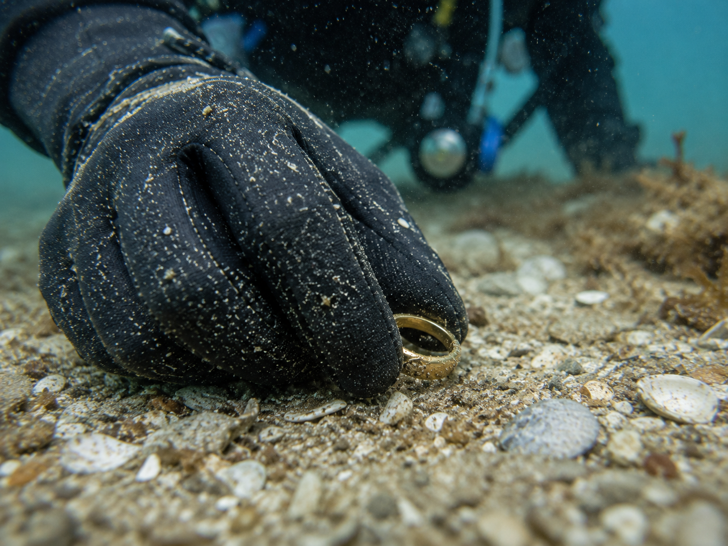 A diver's hand wearing a black glove is on the sandy ocean floor, holding a gold ring. The diver is in the background, slightly out of focus.