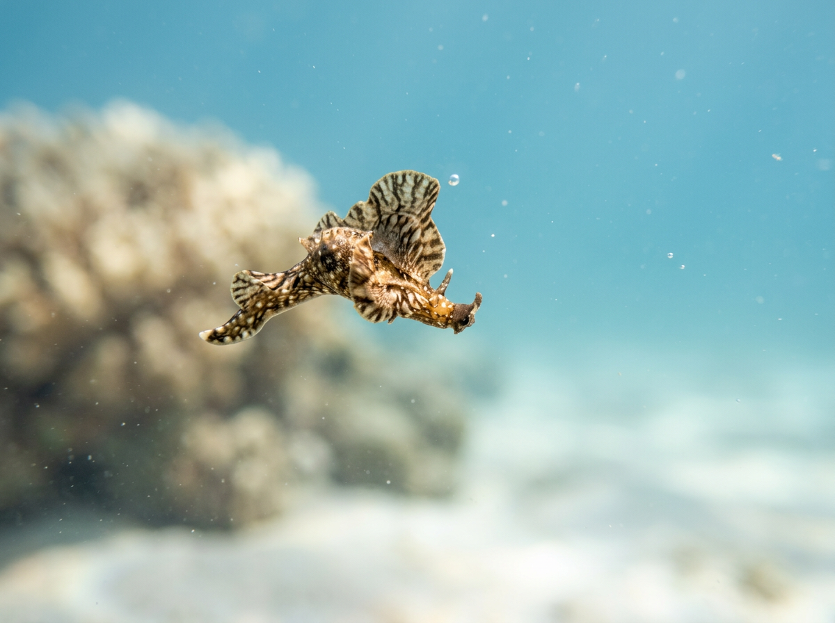 A small seahorse swimming underwater near a coral formation.