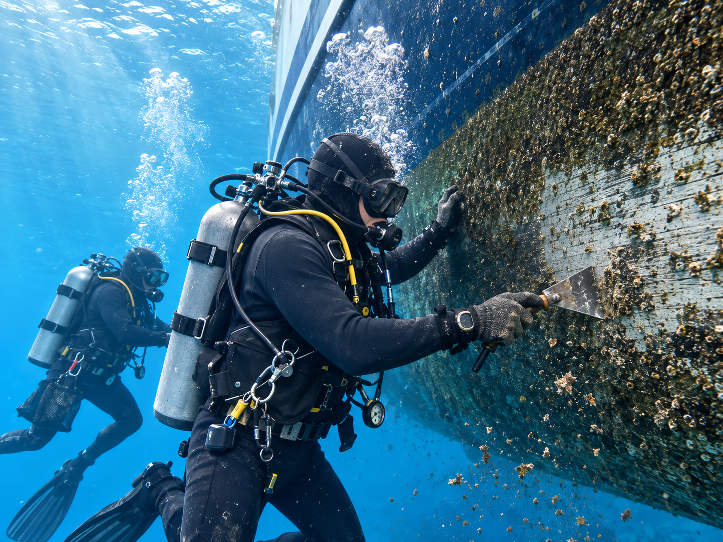 Two scuba divers cleaning a submerged ship's hull covered in barnacles and marine growth.
