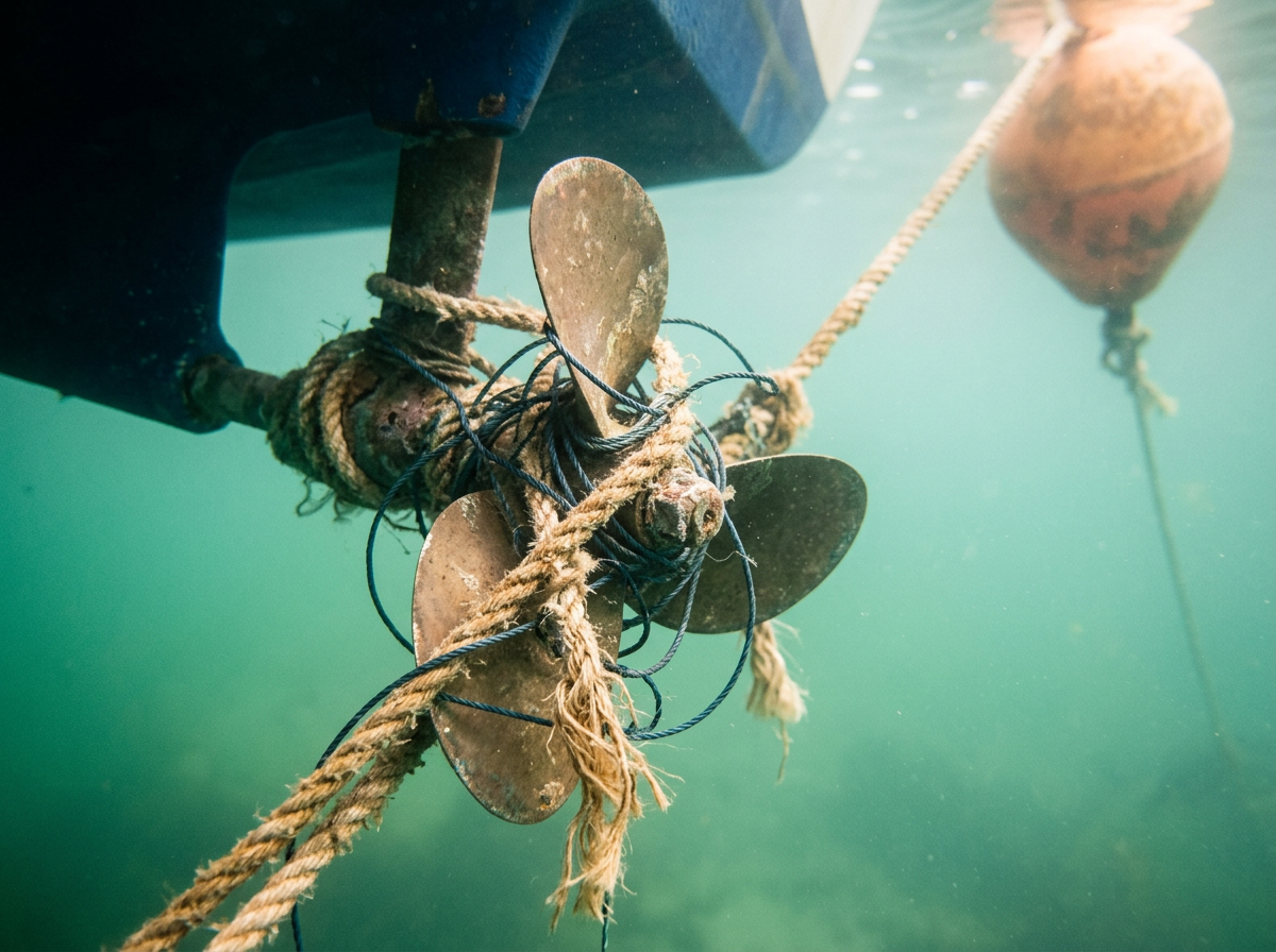 Close-up of an underwater boat propeller entangled with ropes, wires, and a buoy in murky water.