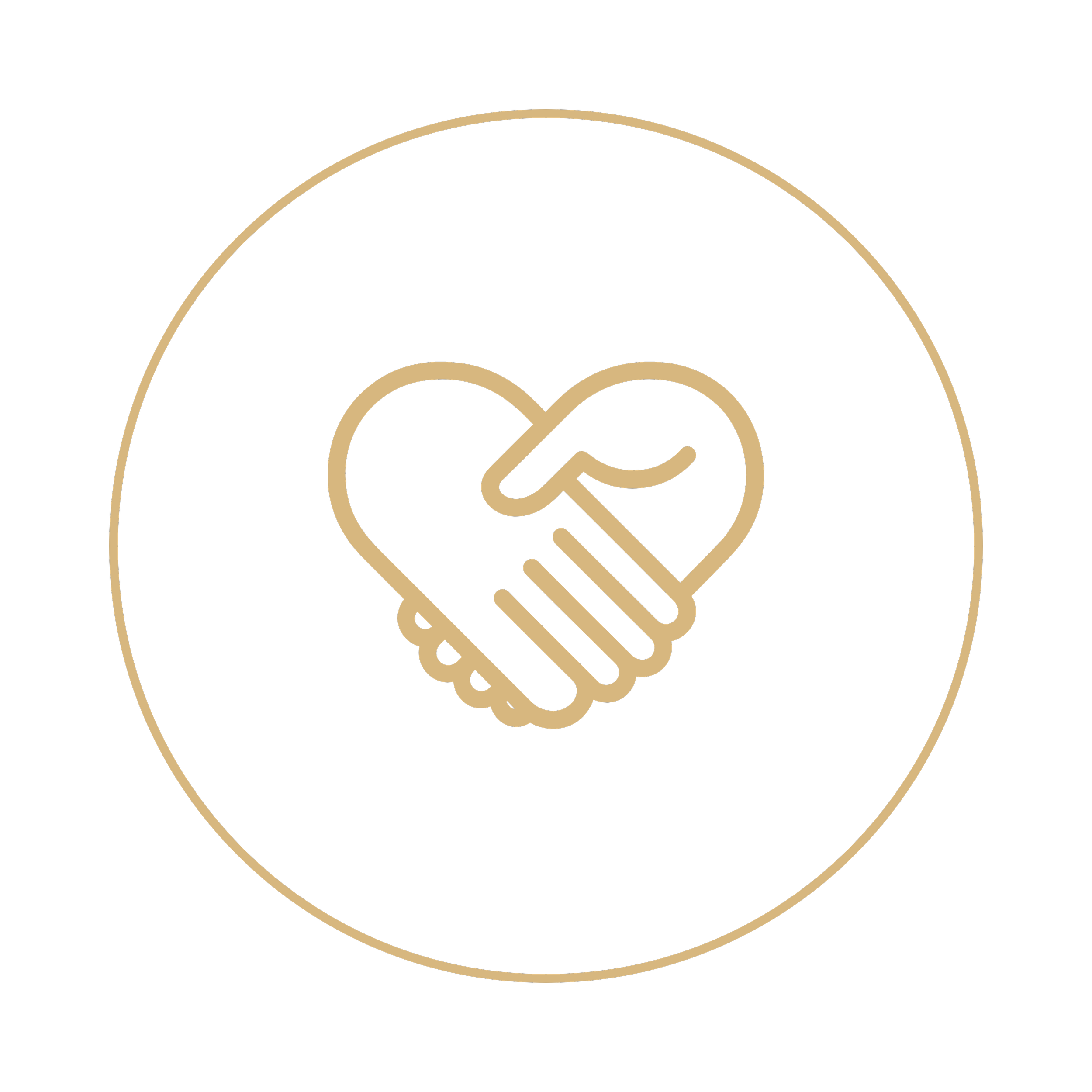 Gold outline of a handshake inside a gold circle on a black background.