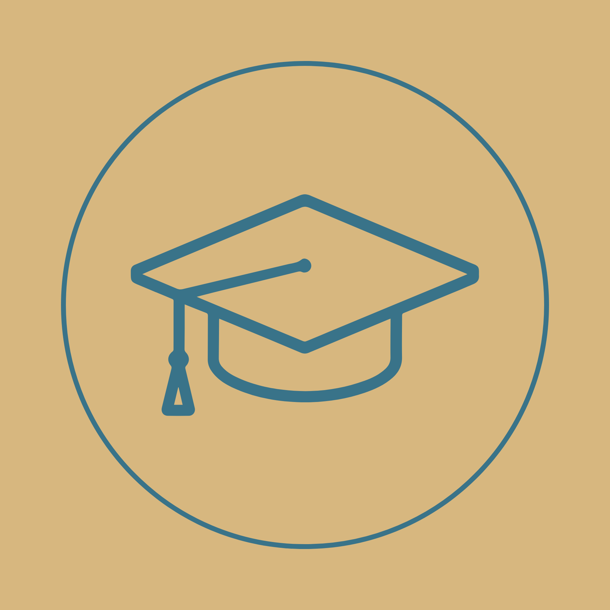 A simplified line drawing of a graduation cap inside a large circle, with a background that is a beige color.