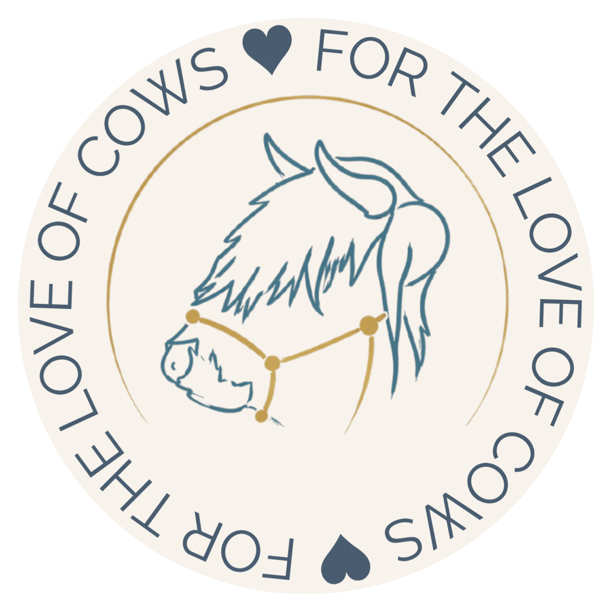 A circular emblem featuring a stylized outline of a horse's head with a flowing mane and closed eyes. The background is blue, with a cream-colored border. The border contains the text 'LOVE OF COWS FOR THE LOVE OF' and 'LOVE' at the top and bottom, with a heart symbol in the middle.