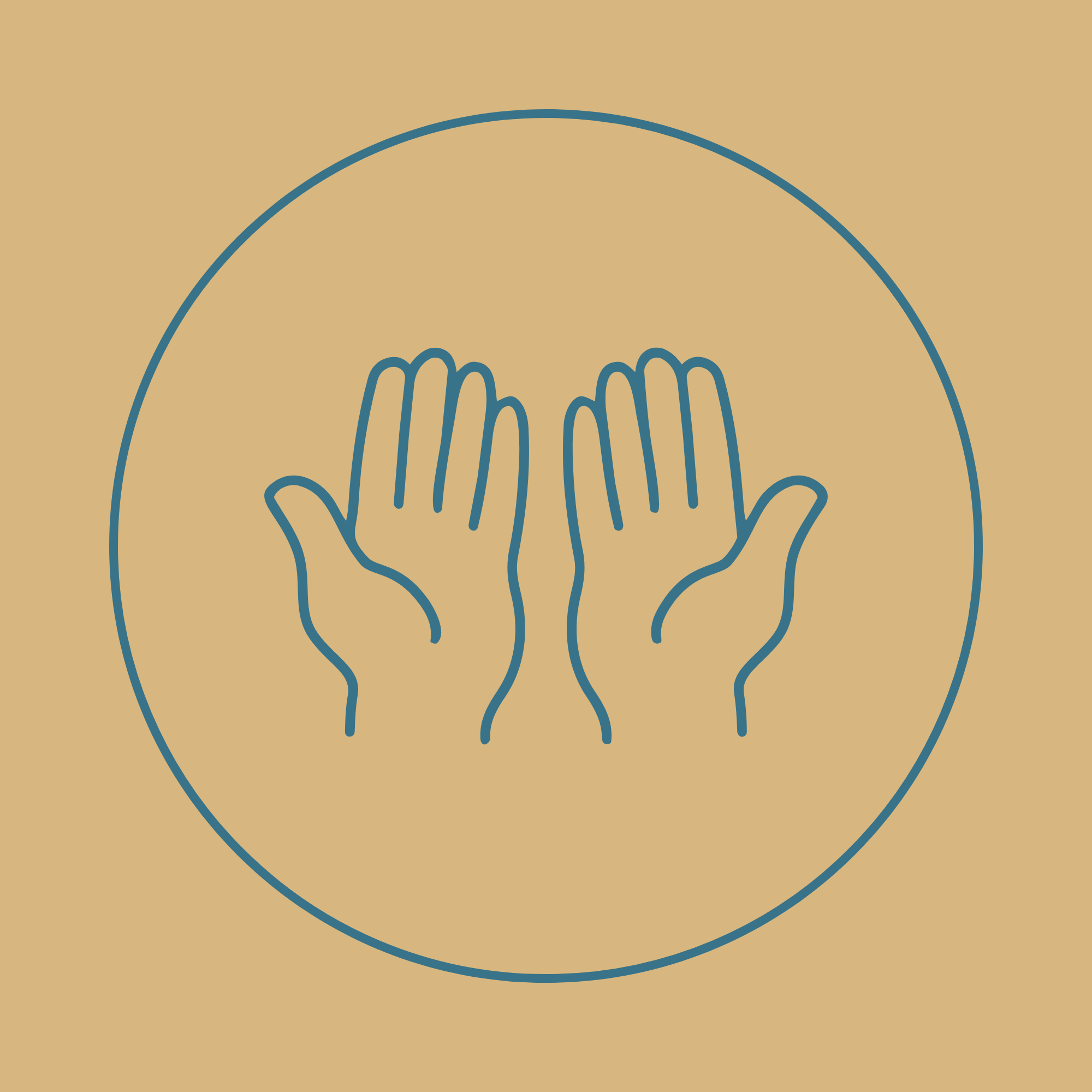 Line drawing of hands reaching up inside a circle, on a beige background.