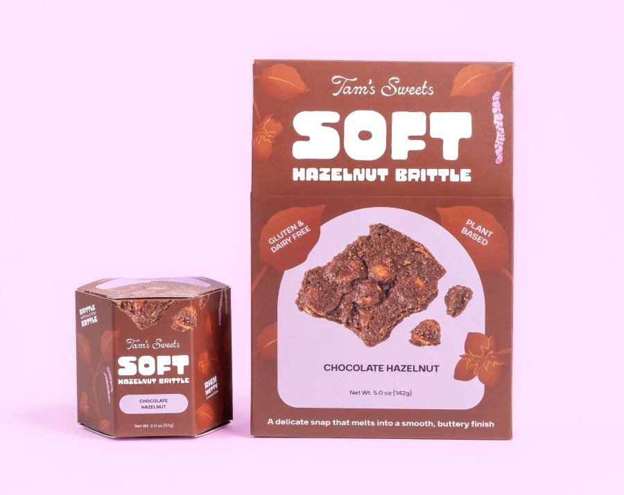 Food branding and packaging design for Tam's Sweets soft hazelnut brittle