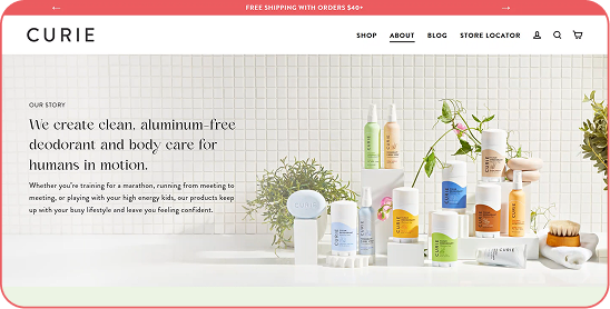 Homepage website mockup for personal care brand, Curie