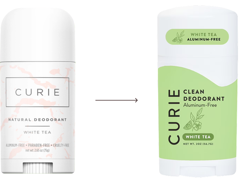 Deodorant packaging design before and after transformation for Curie