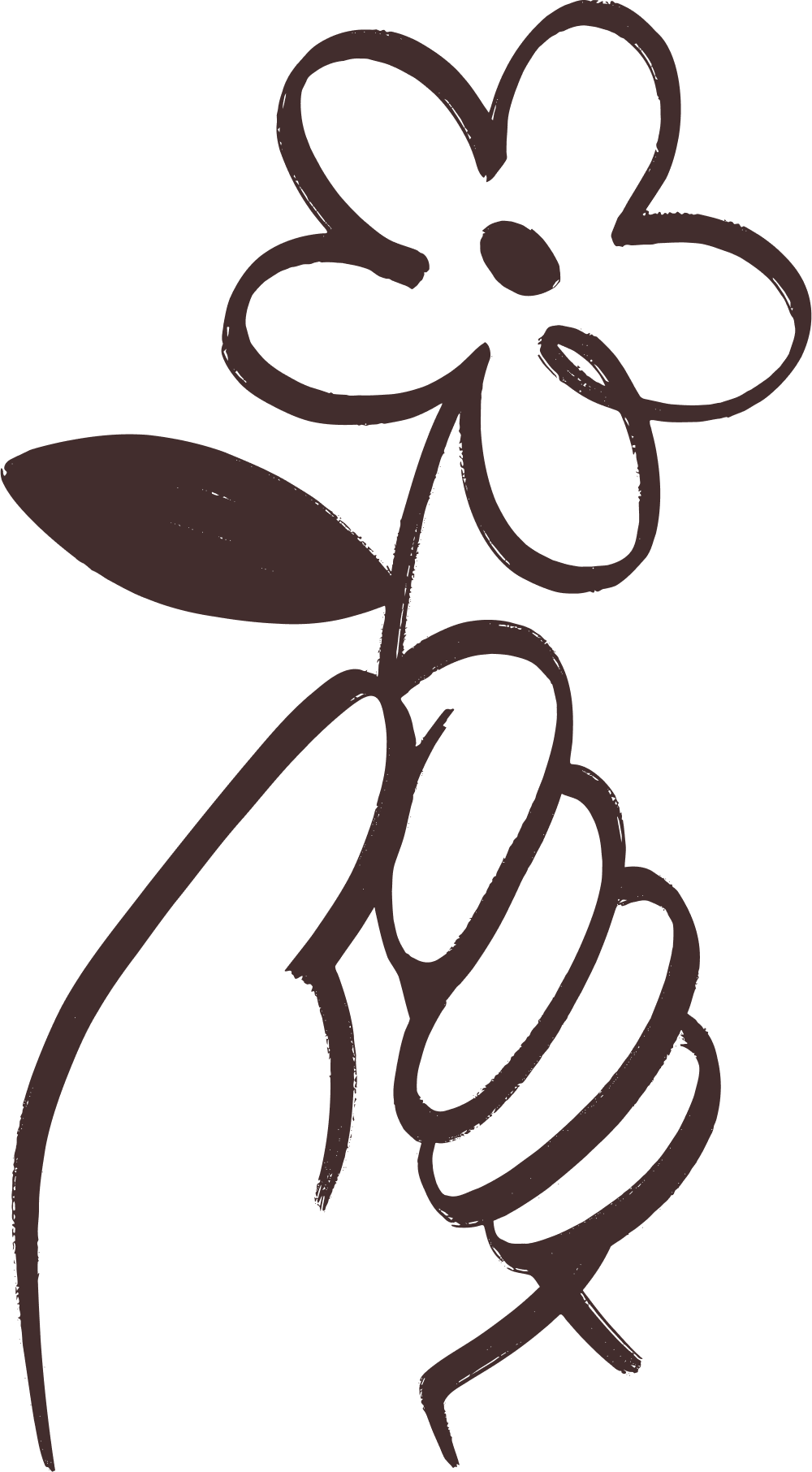Hand drawn line illustration of hand holding a flower stem