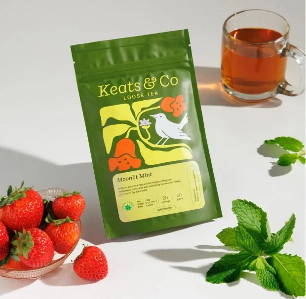 Moonlit Mint loose tea packaging design for Keats & Co