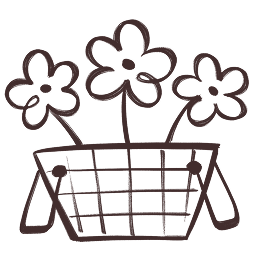 Hand drawn line illustration of flowers in a basket