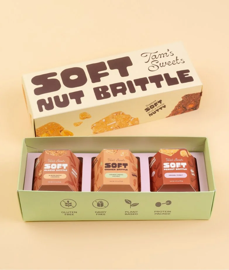 Tam's Soft Nut brittle variety box packaging