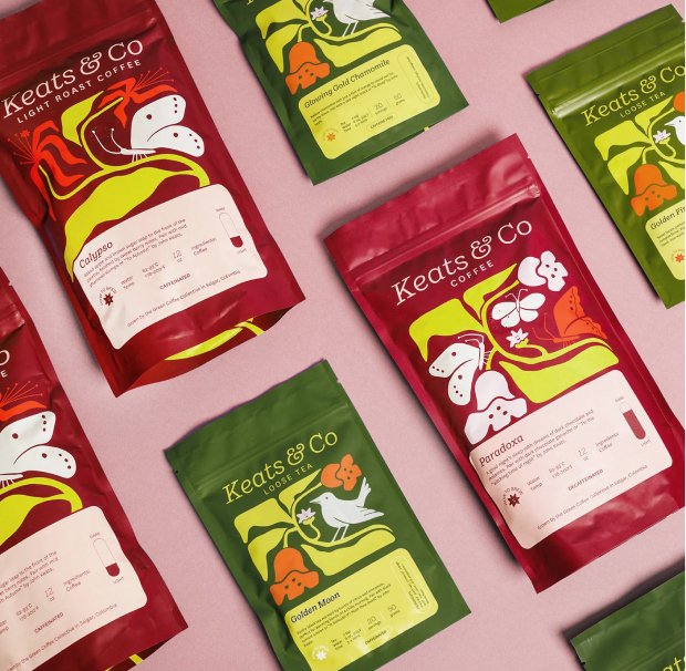 Coffee and tea packaging design for Keats & Co