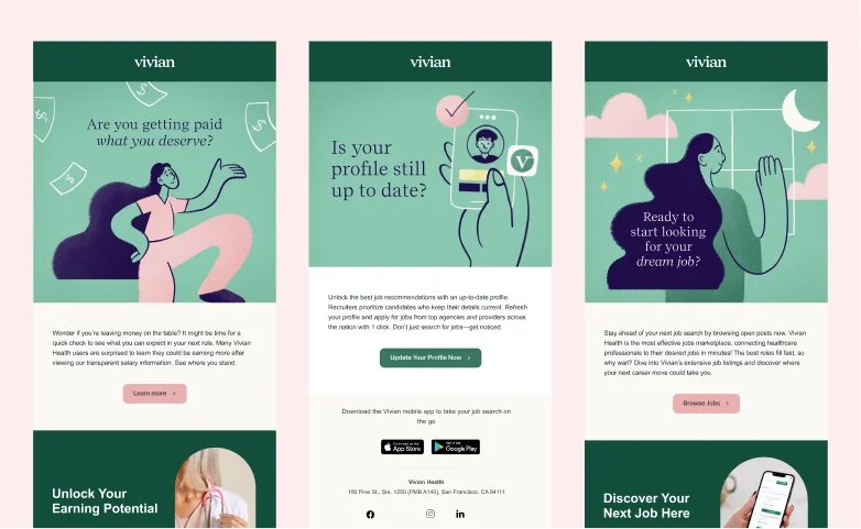 Vivian email mockups with custom commercial brand illustrations