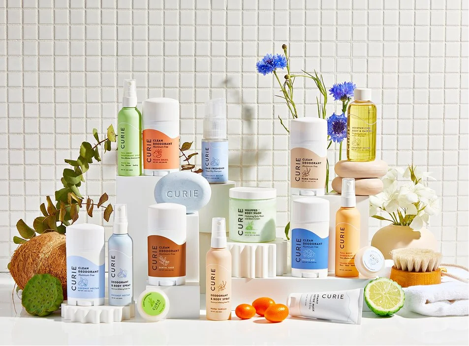 Curie deodorant and body care products styled product shoot