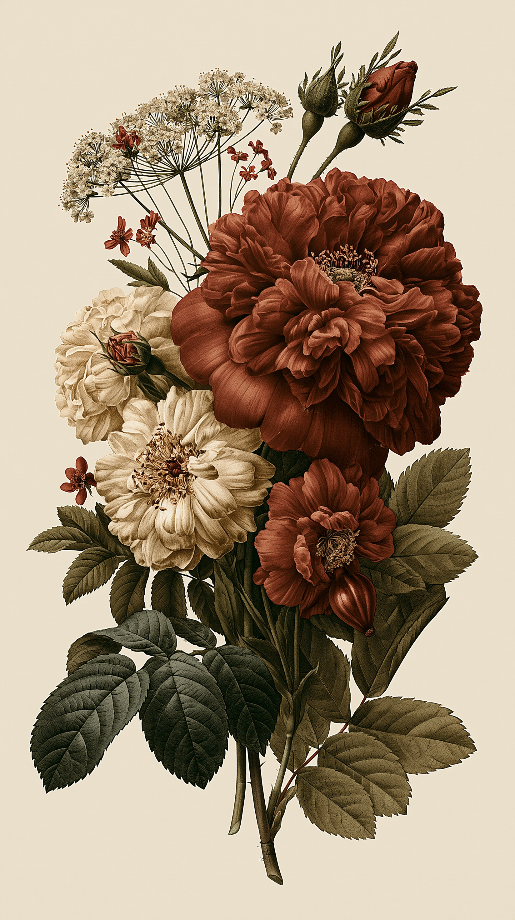 A floral arrangement with large red peony, cream-colored dahlias, white and red flowers, and green leaves on a plain background.