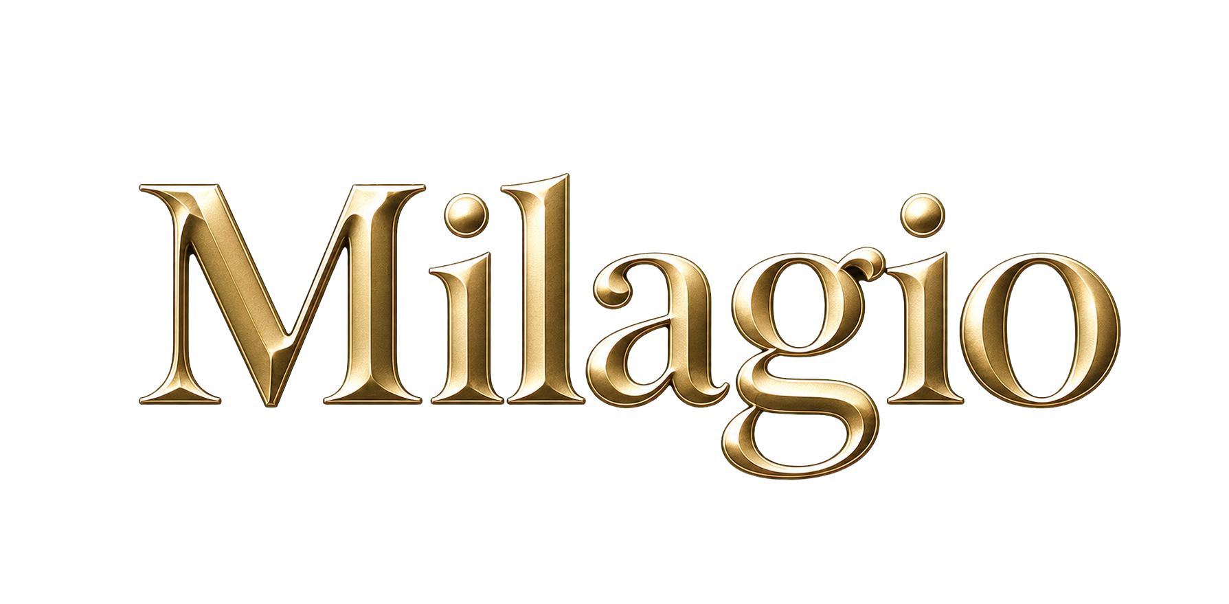 Golden 3D text spelling 'Milagio' on a black background.