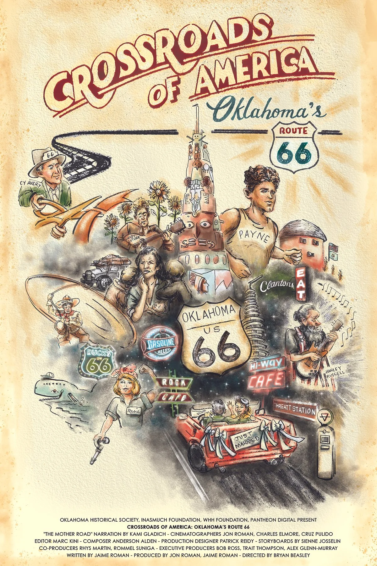 Illustration of Oklahoma's Route 66, featuring characters, landmarks, signs, and symbols representing the historic route, including musicians, a car, a wedding scene, and cultural icons, with text highlighting the theme of 'Crossroads of America'.