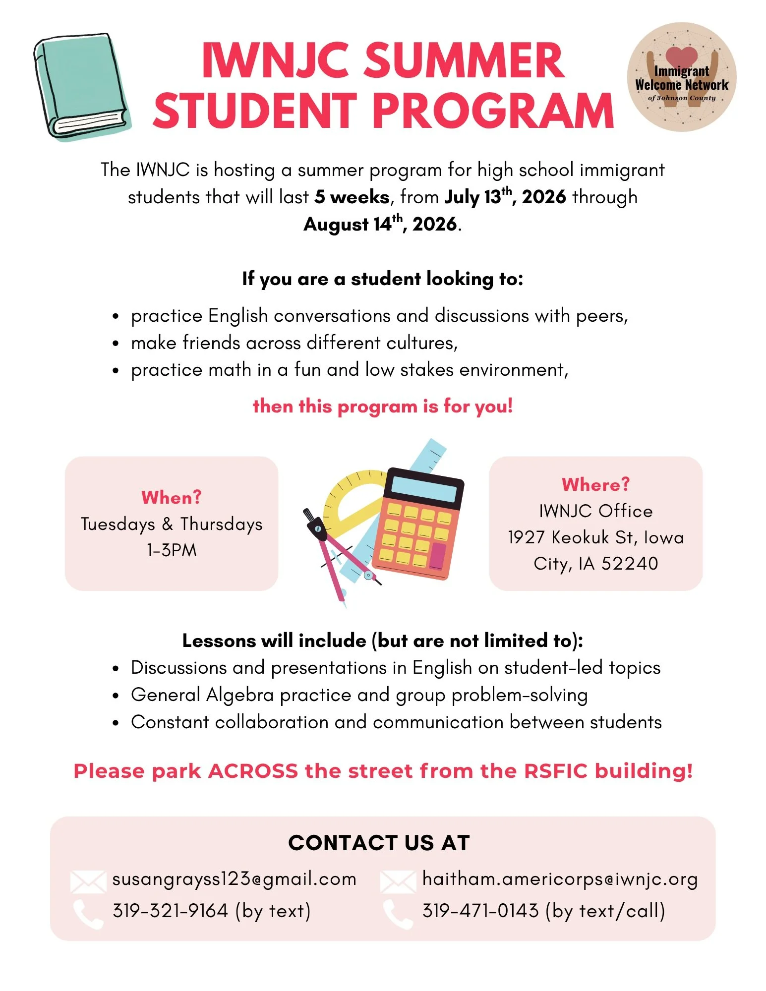 Join IWNJC's Summer Student Program for high school immigrant students! Over five weeks, participants will strengthen their English and math skills, build friendships across cultures, and grow through interactive discussions, group activities, and co