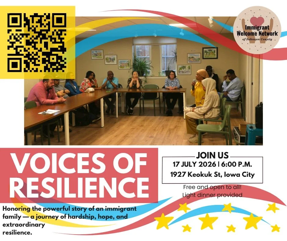 Join us for our monthly Voices of Resilience event this Friday, July 17. Enjoy a meal, connect with your community, and hear the powerful story of an immigrant sharing their journey.

#IWNJC #Community #VOR #JohnsonCounty #IowaCity #storytelling