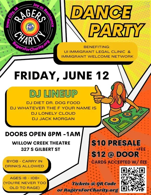 We're honored to be a beneficiary of this year's Ragers for Charity! 

Join us this Friday for a night of music, dancing, and community while supporting immigrant and refugee families in Johnson County.

📍 Willow Creek Theatre
⏰ Doors open at 8 PM

