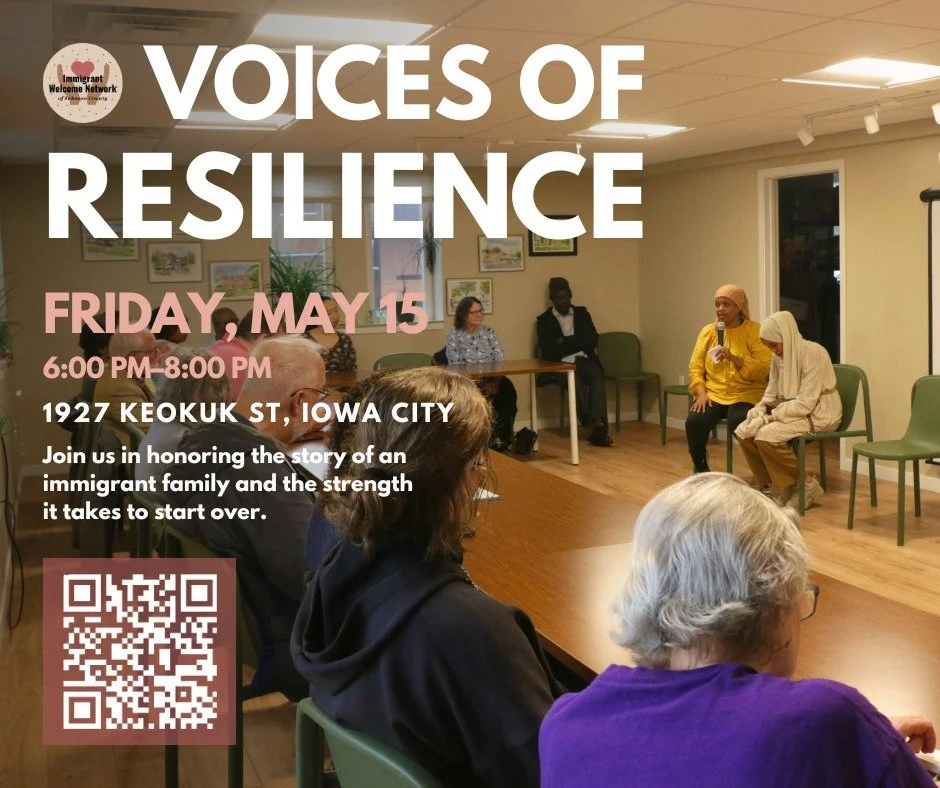 Voices of Resilience this Friday! Sign up using the code or the link in our bio. We hope to see you there.

#VoicesOfResilience #IowaCity #JohnsonCounty #Community #Storytelling