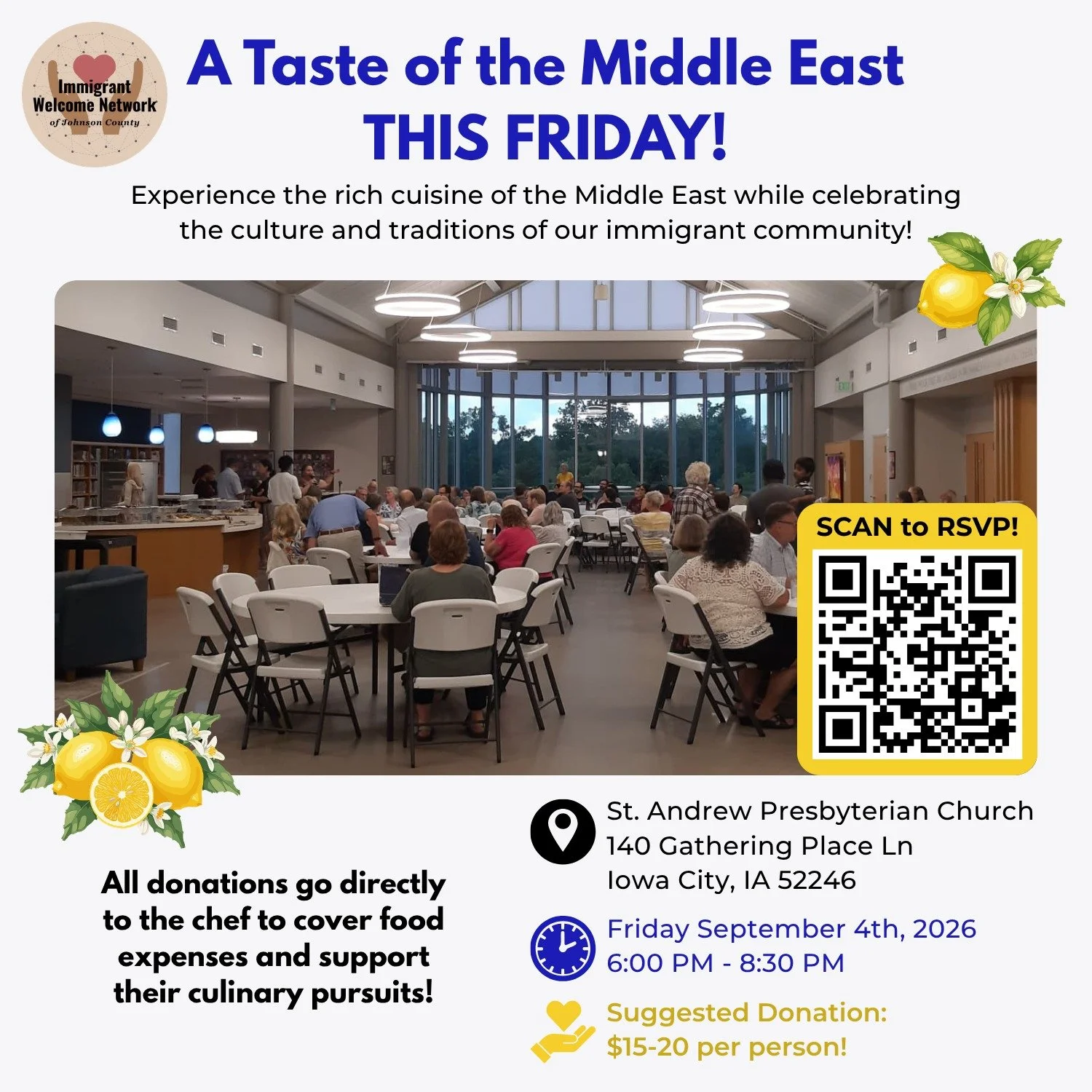 Tomorrow is the Day! Join us for A Taste of the Middle East! 

Join the Immigrant Welcome Network of Johnson County for an evening of delicious Middle Eastern and Mediterranean food, culture, and community!

Please RSVP in advance! Link is in our bio
