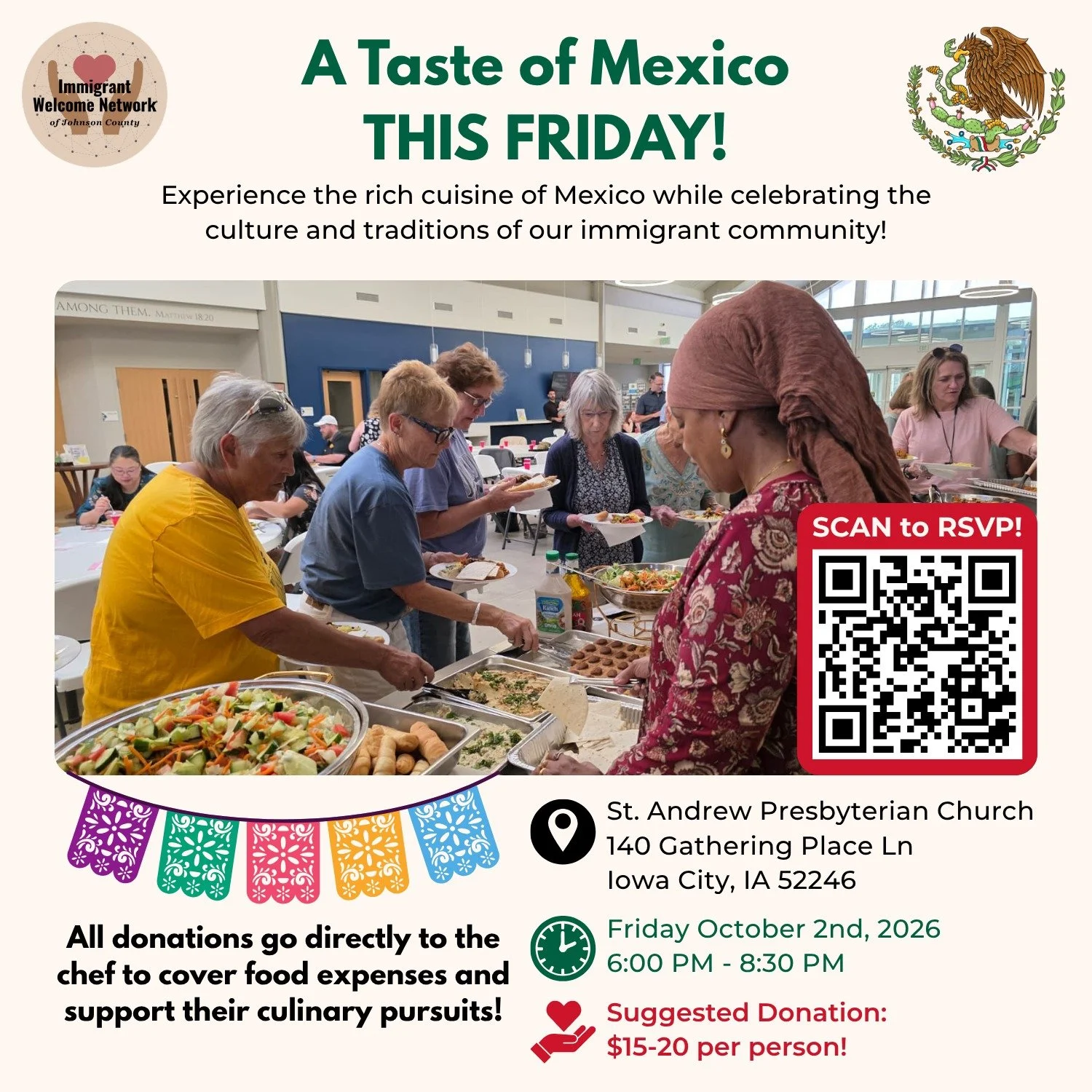 Join us tomorrow for A Taste of Mexico! Come by and support an immigrant in our community and enjoy traditional Mexican cuisine. Scan the code to RSVP.