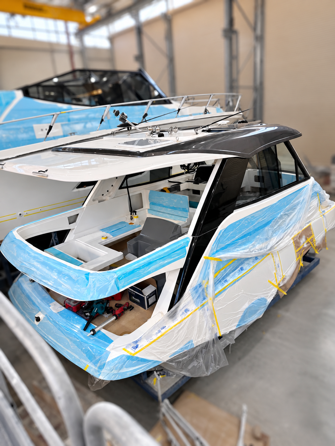 Luxury motor yacht flybridge being built and fitted out during production before installation onto the vessel