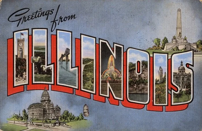 A vintage postcard reads 'Greetings from Illinois' with illustrations of landmarks from Illinois, including a capitol building, tall monument, and other cityscapes.