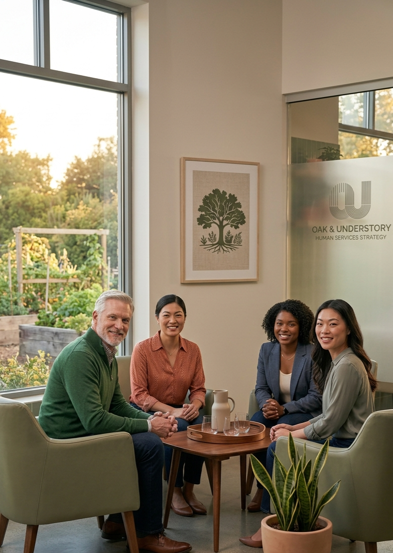 Four people sitting around a small wooden table in an office lounge area, smiling at the camera. There is a pitcher and glasses on the table, a potted plant in the foreground, large window with a garden view behind them, and a framed picture of a tree on the wall.