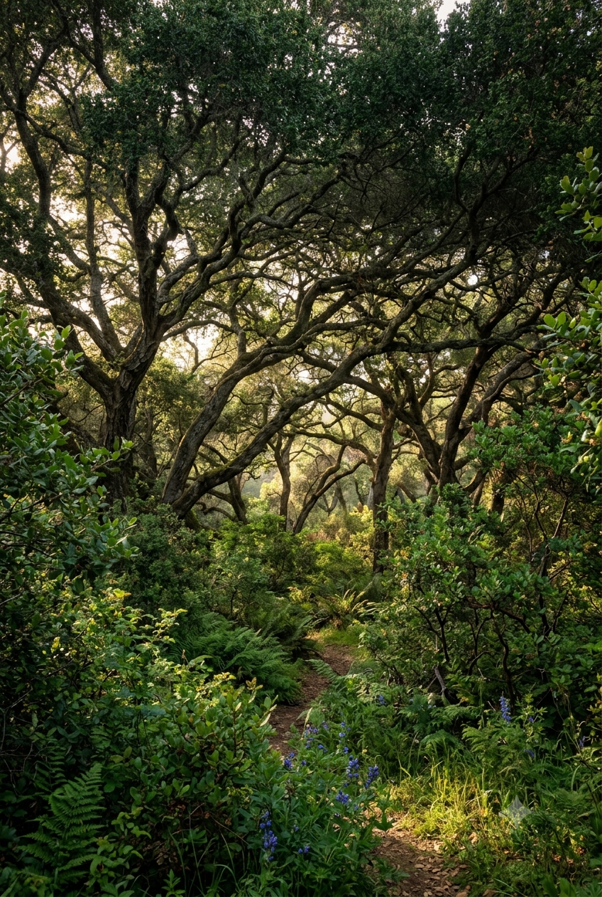 Coast Live Oak tree canopy over lush understory of ferns, grasses, and flowers