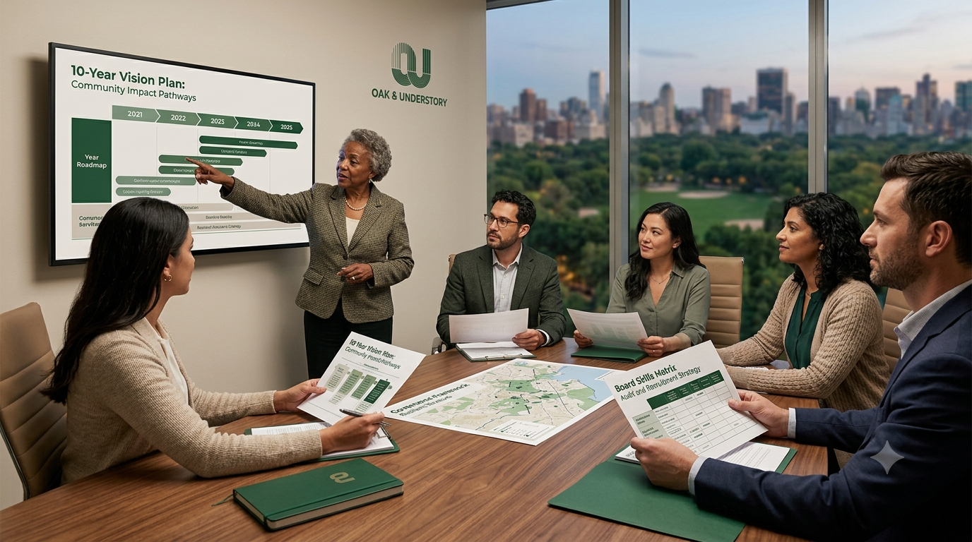 A woman leads a work group in a meeting about 10-year planning