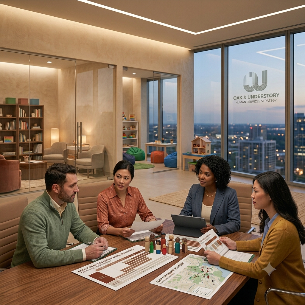 A group of private practice therapists meets with a consultant in the practice offices