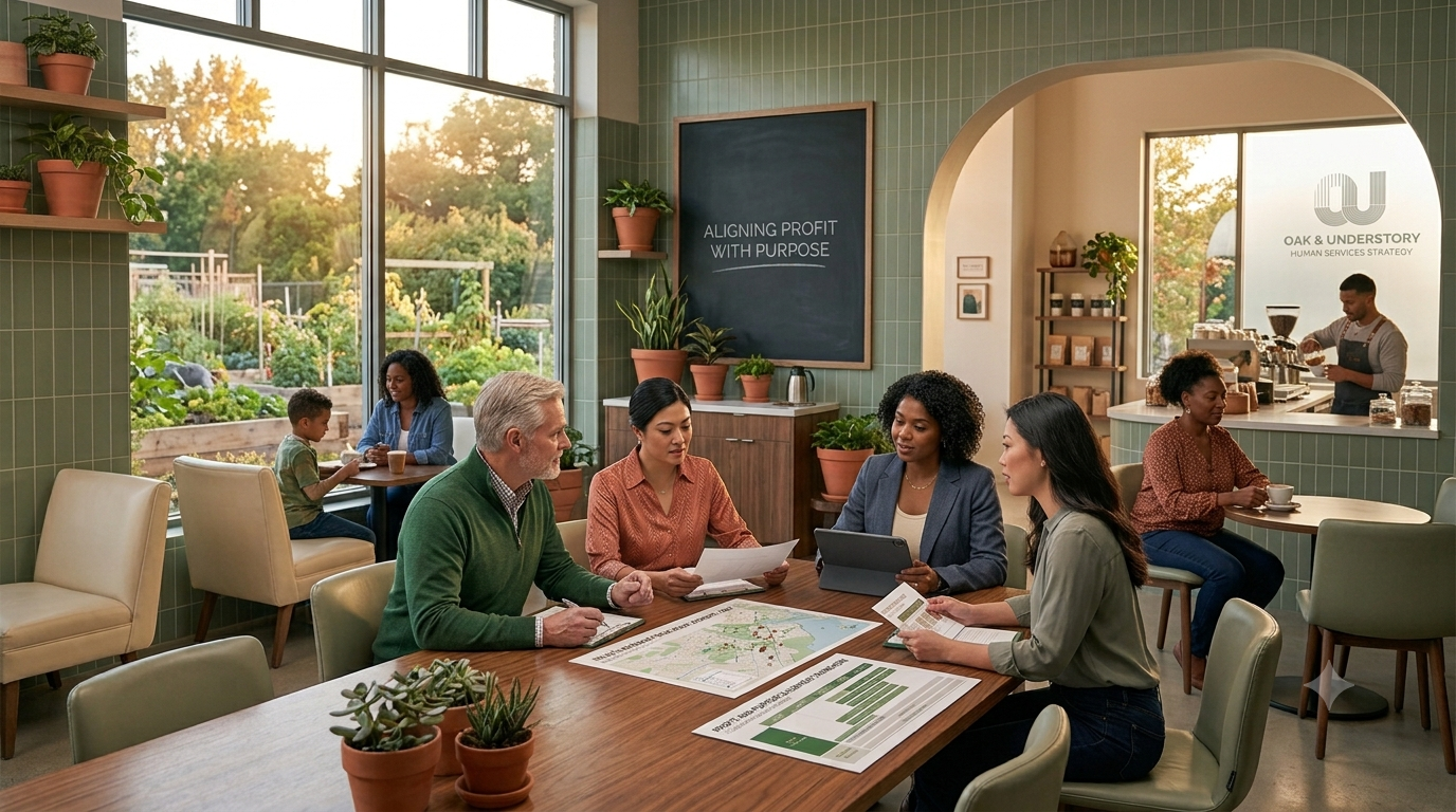 A group of social enterprise board members meets with a consultant in their social good coffee house