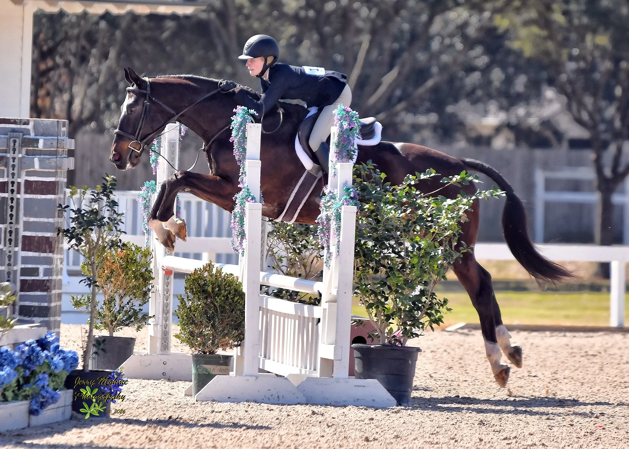 A person riding a horse over a show jumping obstacle decorated with flowers and greenery during an equestrian competition.