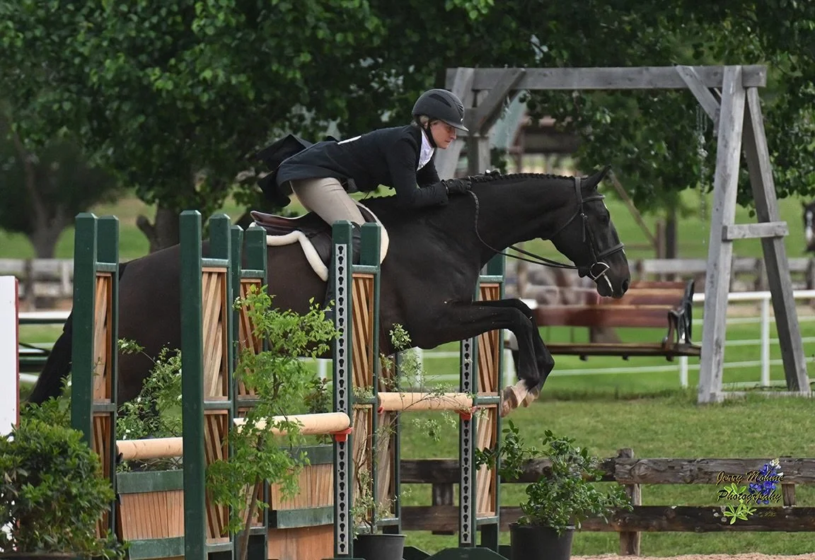 A rider and a black horse jumping over a horse obstacle during an equestrian competition outdoors.