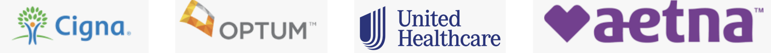 Logos of Cigna, Optum, United Healthcare, and Aetna arranged side by side.