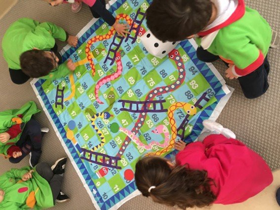 Crianças jogando um jogo de tabuleiro de chão com uma cobra e escadas, letras e números coloridos.