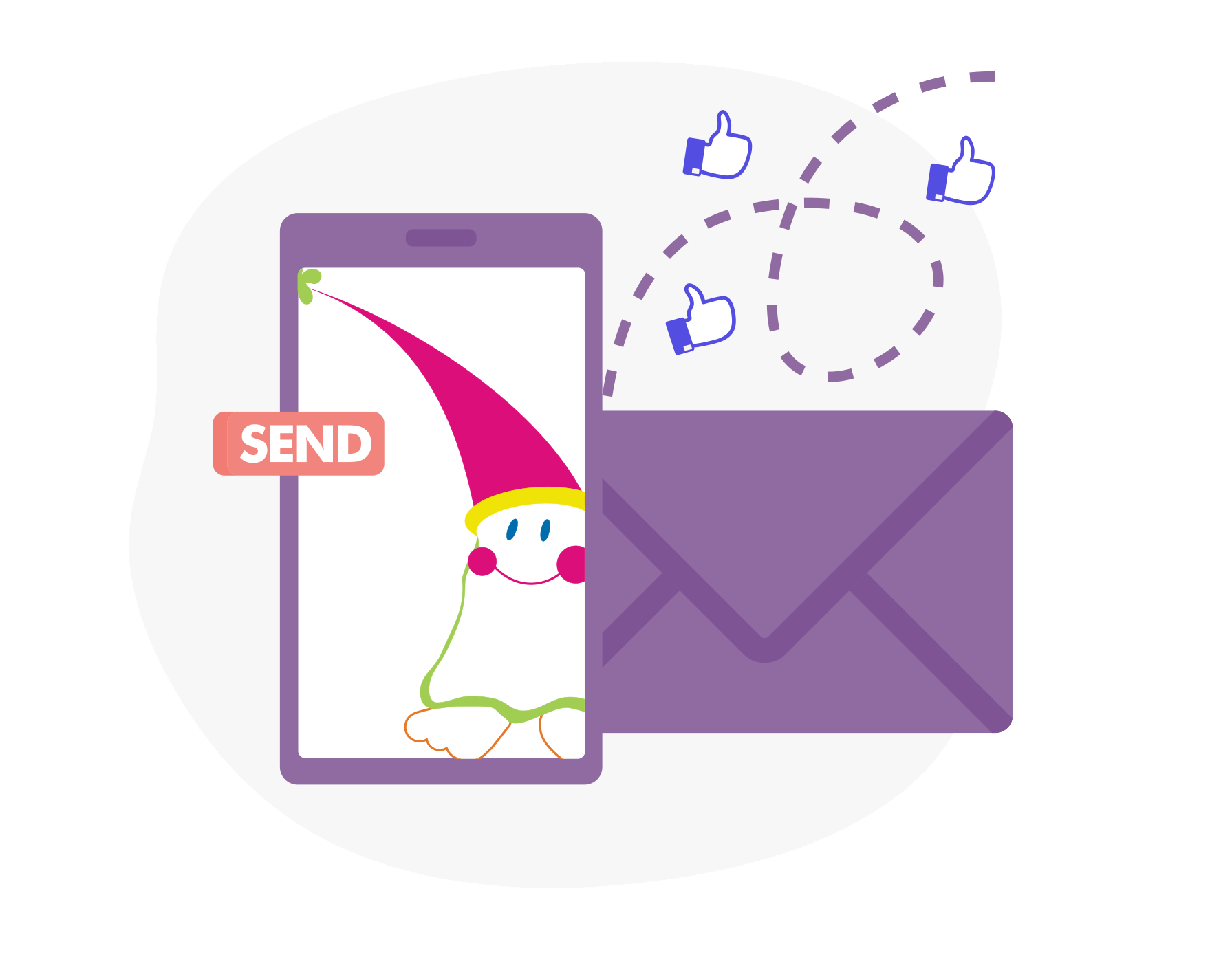 Ilustração de um smartphone com uma animação de um pato com chapéu, uma mensagem com a palavra 'SEND' e ícones de polegar para cima ao redor, além de uma grande caixa de entrada de e-mail ao lado.