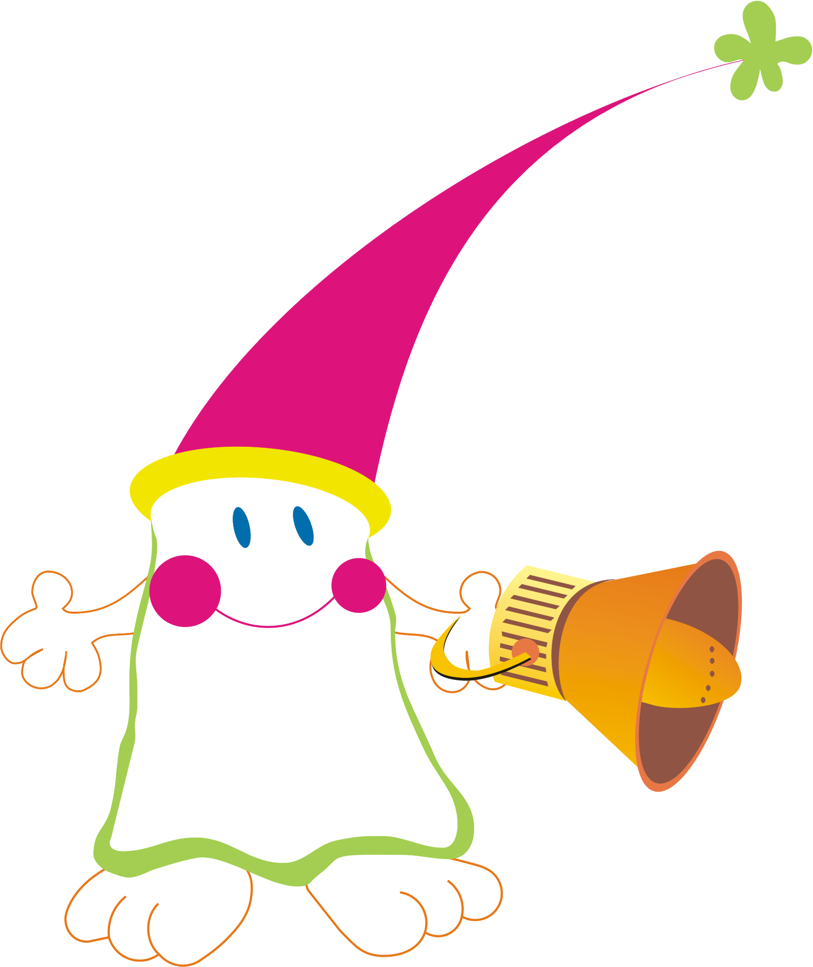 Desenho de uma personagem de desenho animado com pele branca, cabelos rosa, roupas verdes e calçados brancos, segurando uma lanterna amarela com detalhes marrons, sobre um fundo colorido com áreas em preto, verde, rosa, branco e amarelo.